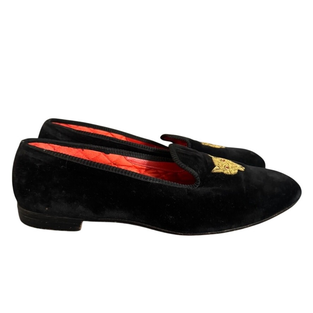 Sulka Vintage Black Velvet Smoking Slippers Gold Wolf Head Red Quilted Lining 12